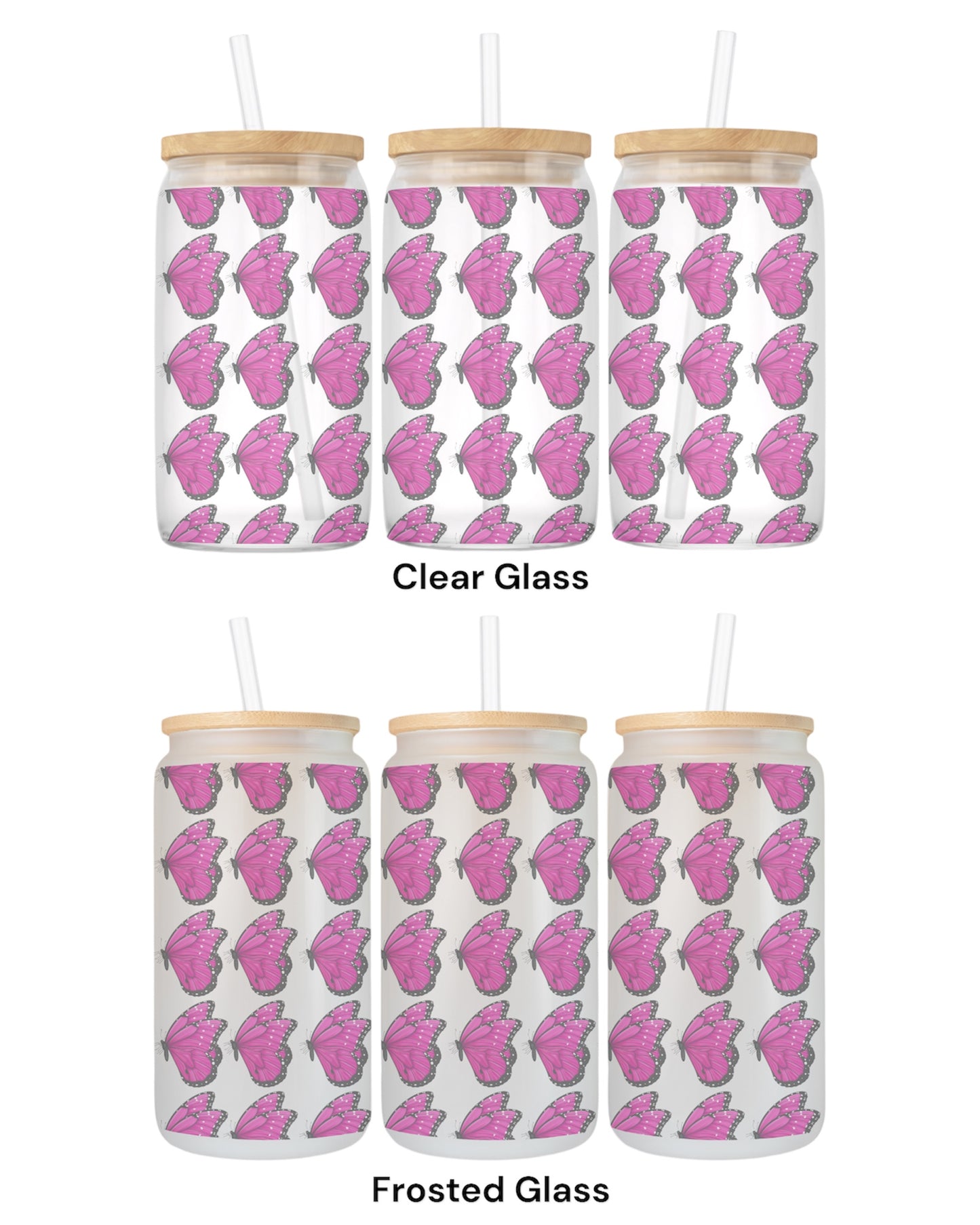 16 OZ Glass Can Butterfly Design