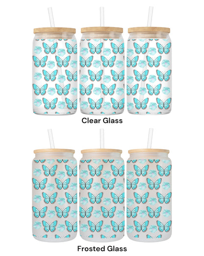 16 OZ Glass Can Butterfly Design