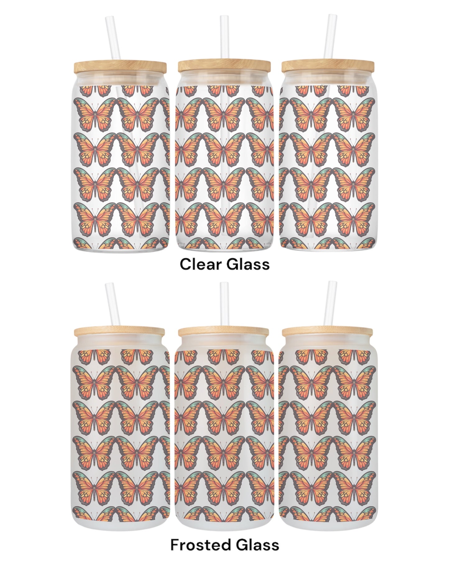 16 OZ Glass Can Butterfly Design