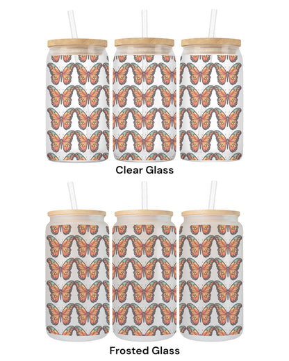 16 OZ Glass Can Butterfly Design