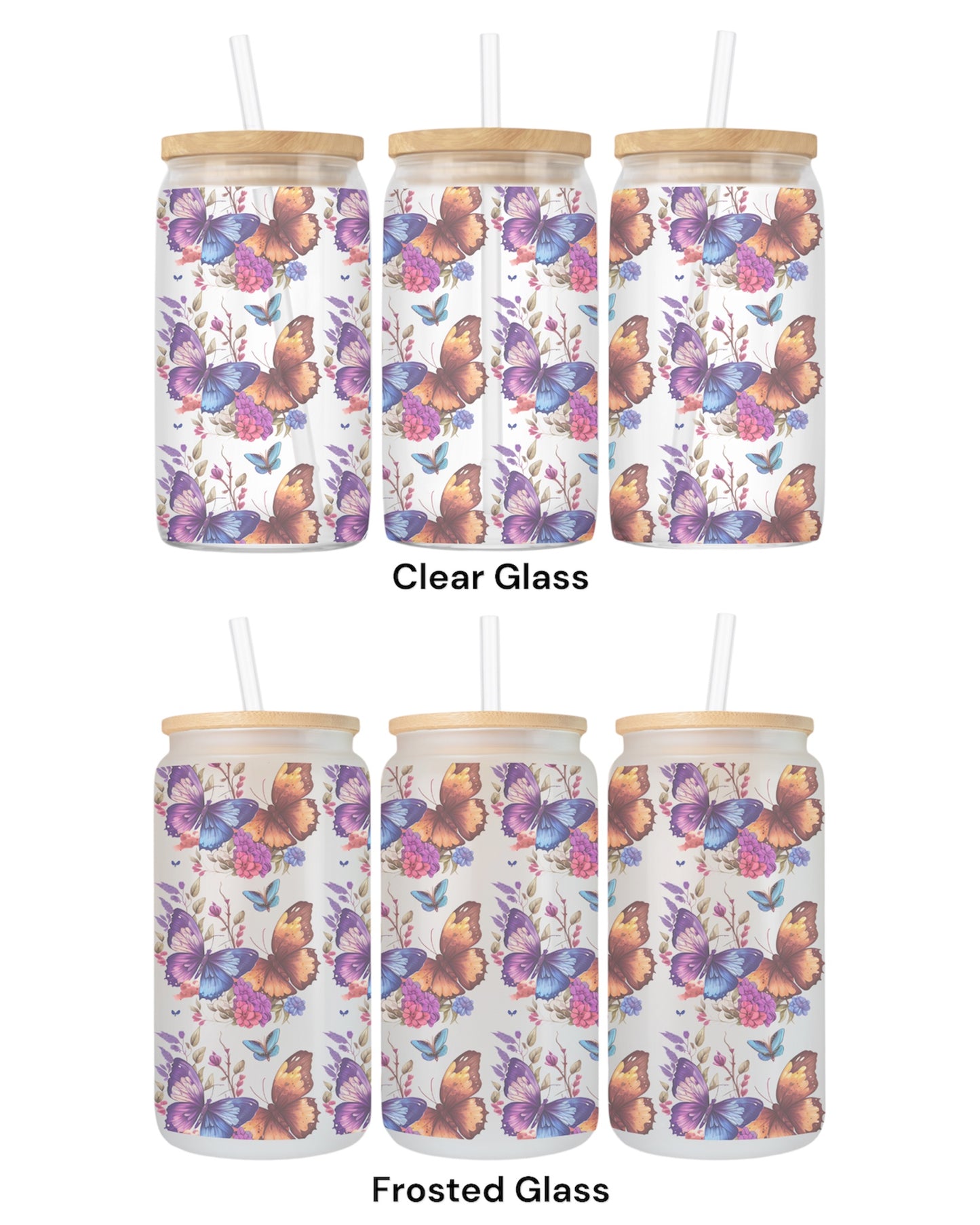 16 OZ Glass Can Butterfly Design