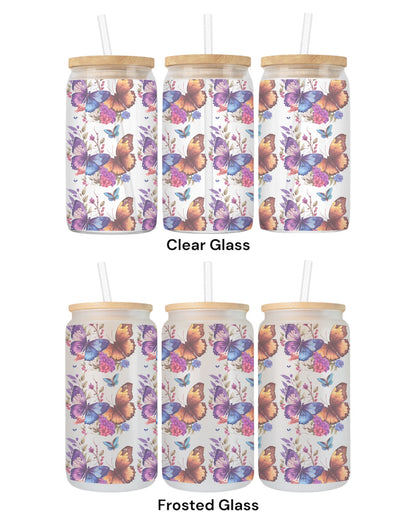 16 OZ Glass Can Butterfly Design